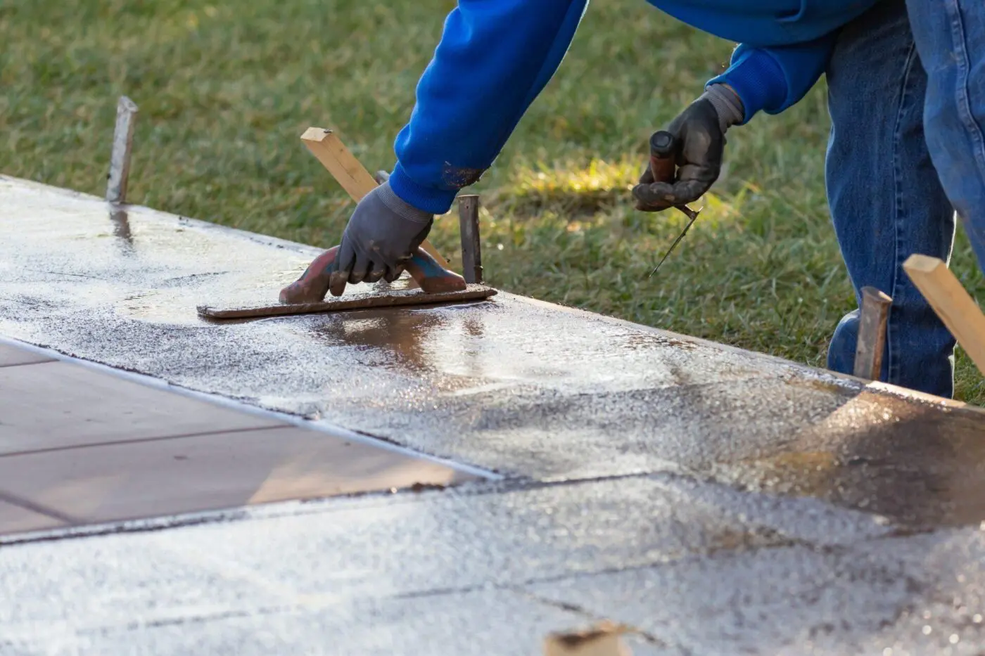 A person in a blue hoodie and jeans smooths wet concrete with a trowel, likely showcasing their expertise in concrete contracting services. The scene appears to be outdoors in Plantation FL, with grass visible in the background. The concrete is sectioned off with wooden stakes.